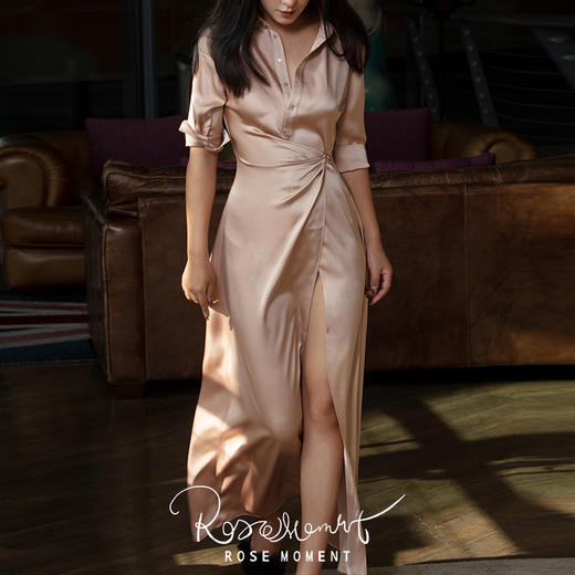 衬衫领纽结掐腰侧开叉长裙长袍 G240936 商品图4