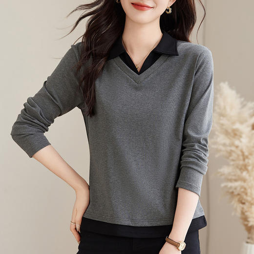 雀说polo领假两件长袖t恤女爆款正肩显瘦上衣打底衫AL 商品图5