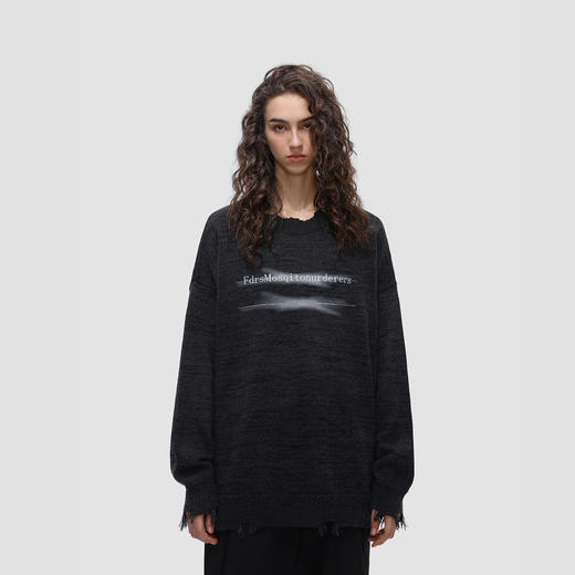 FDR 国潮美式划线印花圆领破洞毛衣男女潮牌情侣装宽松针织衫上衣 商品图0