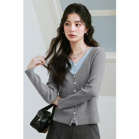 【严选】诗凡黎羊毛混纺假两件撞色V领针织开衫女上衣高级洋气25春季新款7G2231431