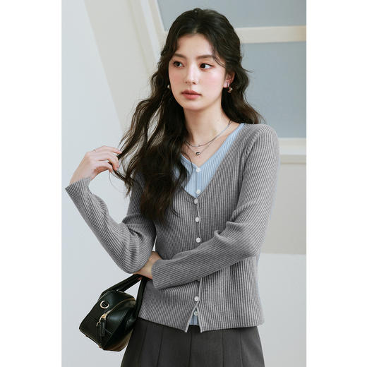 【严选】诗凡黎羊毛混纺假两件撞色V领针织开衫女上衣高级洋气25春季新款7G2231431 商品图0