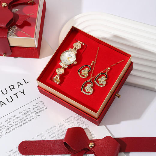 【手表+项链+耳钉+礼盒 4件套】情人节金色金属耳环项链石英表母亲节三八妇女节套装 商品图2