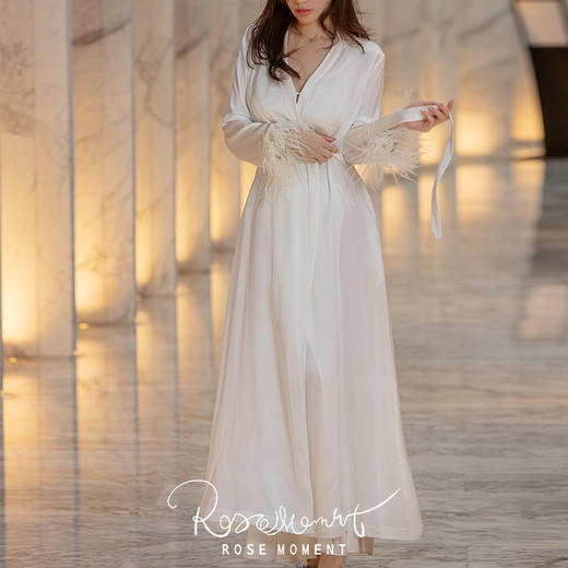 法式极简西装领真丝驼鸟毛袖长袍度假必备 T422017-1 商品图3