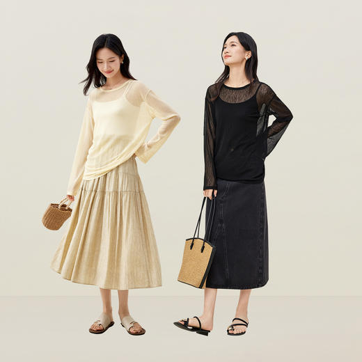 【内购】优雅大圆领镂空抽绳落肩宽松柔软弹力肌理感网格针织衫-151H58404 商品图1