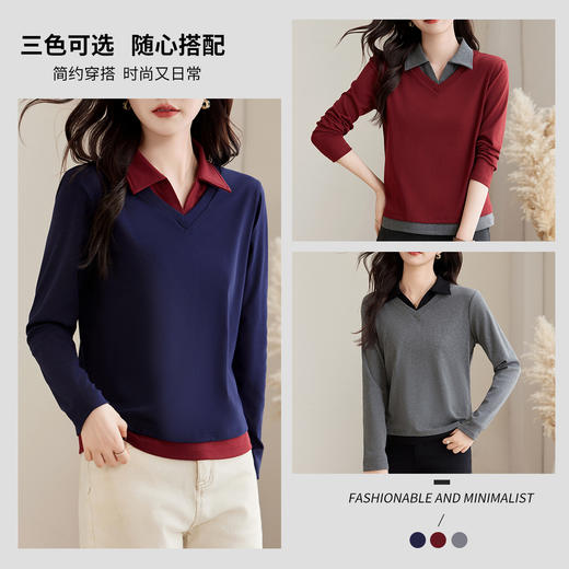 雀说polo领假两件长袖t恤女爆款正肩显瘦上衣打底衫AL 商品图3