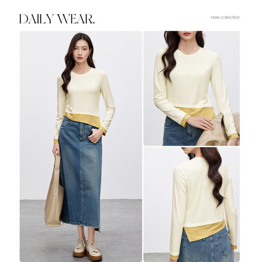 【内购】时尚设计袖口下摆拼色假两件圆领长袖T恤-151T58000 商品图3