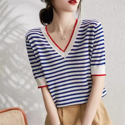 *【显瘦藏肉一绝】板绘法式经典条纹海魂衫 冰爽丝T恤 蓝白相撞永不过时的时髦元素 复古减龄优雅 凉爽又舒适 商品图3