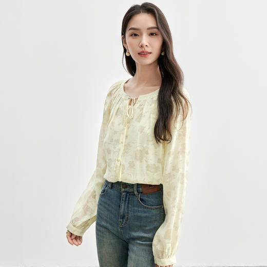 【内购】优雅圆领系绑带压折插肩袖植物花卉印花轻薄衬衫-151C57904 商品图2