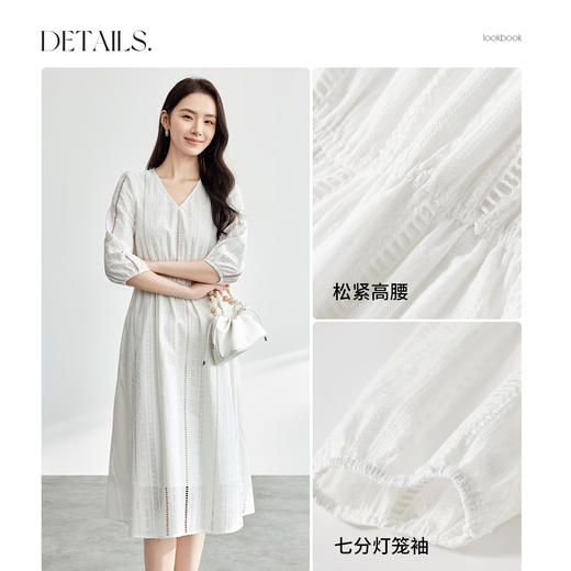 【内购】优雅度假V领松紧高腰七分灯笼袖100%亲肤棉A字连衣裙-151L58242 商品图2