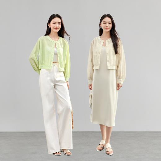 【内购】简约通勤圆领落肩收褶设计暗纹薄透宽松短外套-151W57903 商品图1