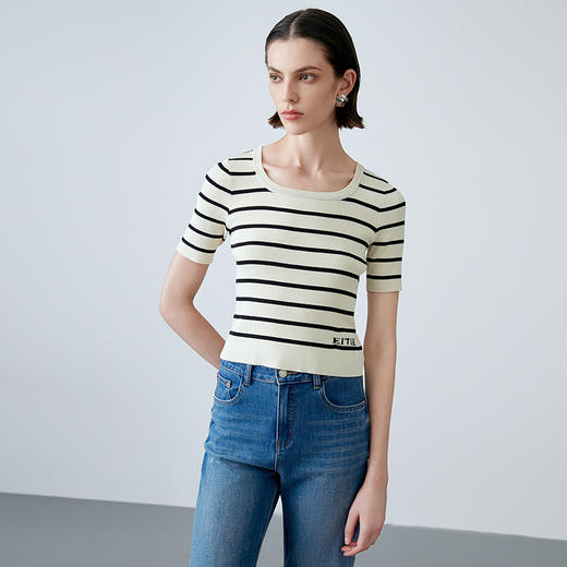EITIE爱特爱春季新款撞色条纹显瘦百搭基础简约针织衫7701411 商品图3