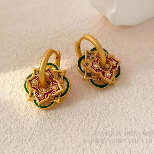 「小众设计！国潮复古」原创宫廷风耳环个性镂空彩绘耳扣一款多戴耳时尚饰品 商品图3