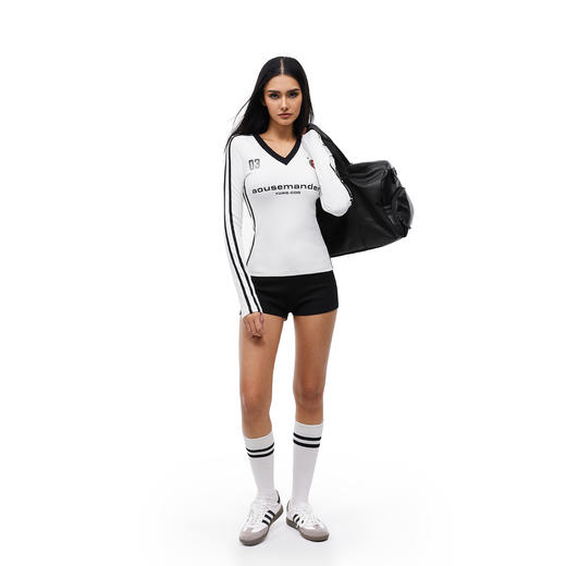 FDR官方店 V领辣妹织带复古撞色长袖t恤女运动薄款修身显瘦上衣 商品图2