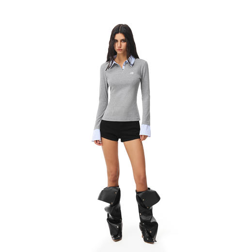 FDR官方店 假两件polo领长袖t恤女春季美式修身显瘦拼接打底上衣 商品图3