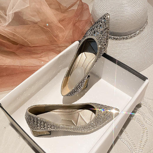 女士尖头浅口粗跟法式气质单鞋新款水钻晚晚鞋高跟女鞋大码34-43 商品图2