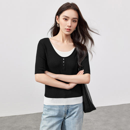 【内购】简约通勤撞色圆领弹力修身显瘦短袖针织衫-W51E58631 商品图2