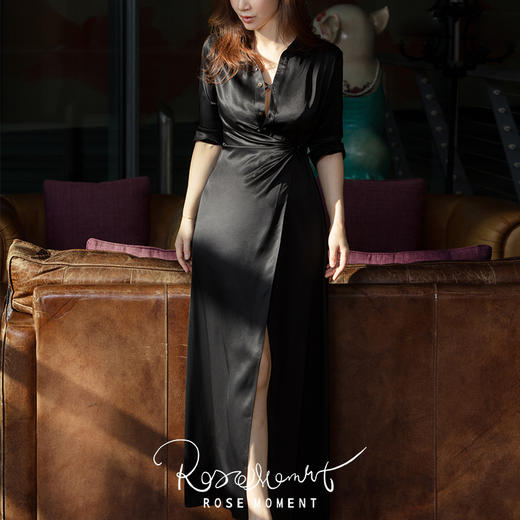 衬衫领纽结掐腰侧开叉长裙长袍 G240936 商品图2