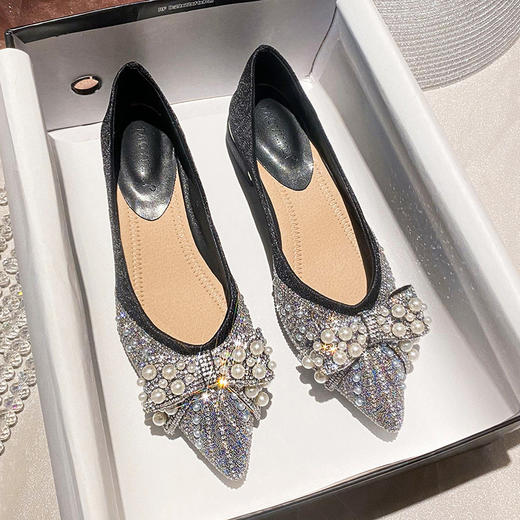 女士尖头单鞋女新款粗跟浅口水钻珍珠蝴蝶结气质女鞋春夏软底舒适34-41 商品图2