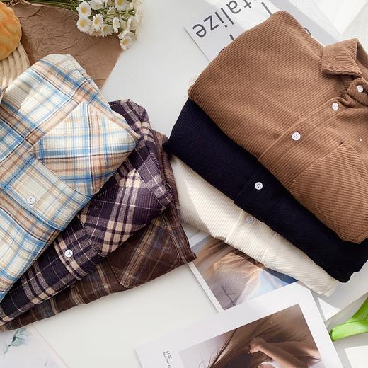 【春季必备，A类品质】春季新款儿童日系复古衬衫男女童灯芯绒纯色格子长袖衬衫宽松上衣100% 商品图1