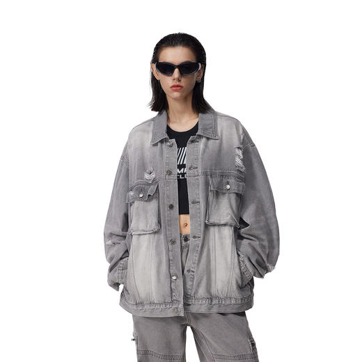 FDR官方店 立体工装袋破洞牛仔外套男女秋季翻领宽松情侣装上衣 商品图2