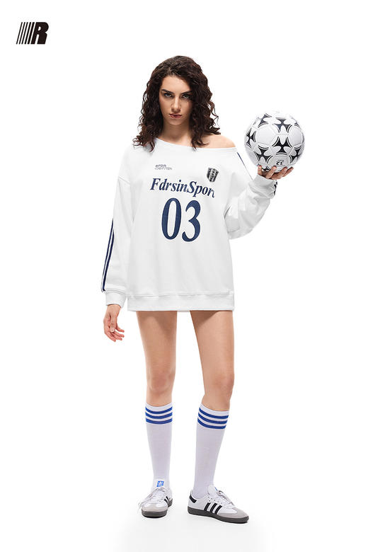 FDR官方店 03印花织带斜肩卫衣女春季辣妹运动套头上衣露肩球衣 商品图5