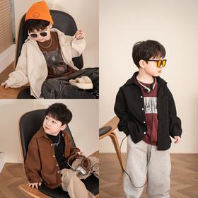 【春季必备，A类品质】春季新款儿童日系复古衬衫男女童灯芯绒纯色格子长袖衬衫宽松上衣100%