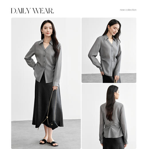 【内购】格雷系通勤V型翻领抽褶收腰显瘦遮阳空调轻氧衬衫-151C58132 商品图3