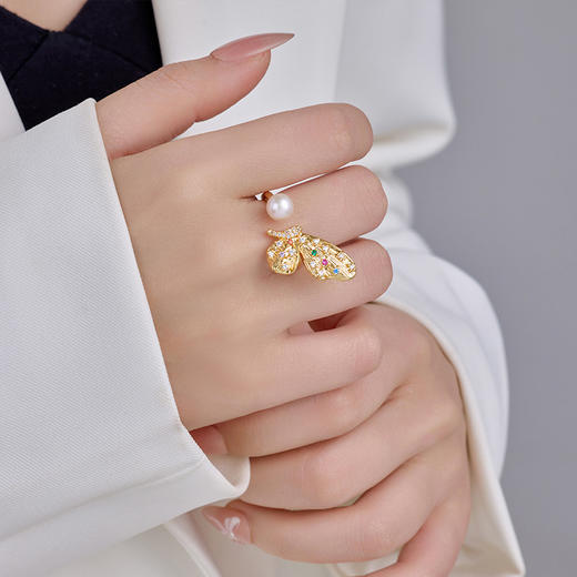 雀说真金电镀蝴蝶淡水珍珠开口戒指时尚民族风设计感手指戒小众手饰AL0309 商品图1