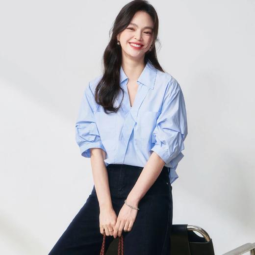 【高货sh】全新升级【铂金会员174/天猫229/差价55】(01225) 洛诗琳气质职场斜门襟V领套头五分袖衬衫通勤小众休闲上衣 商品图3
