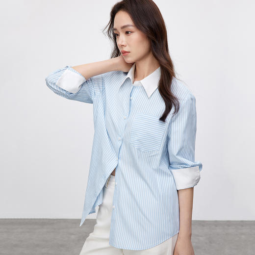 【内购】撞色条纹衬衫职场清新减龄蓝色系撞色条纹口袋衬衫-151C58875 商品图2