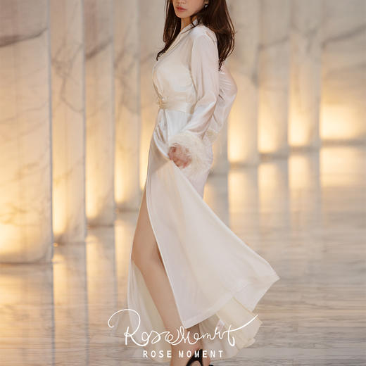 法式极简西装领真丝驼鸟毛袖长袍度假必备 T422017-1 商品图1