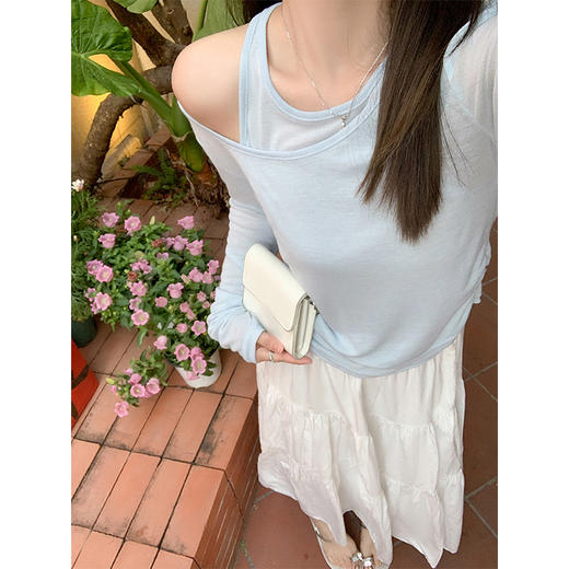 <曾小咸推荐>韩系叠穿真两件防晒露肩T恤上衣 商品图3