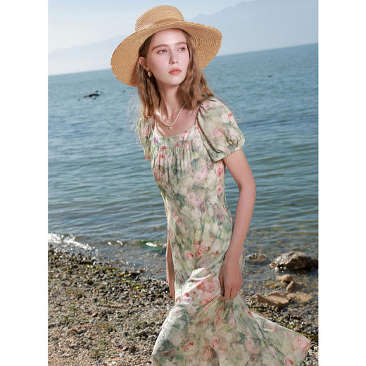 三彩2025春季新款晕染印花连衣裙法式大方领度假荷叶边长裙M 商品图2