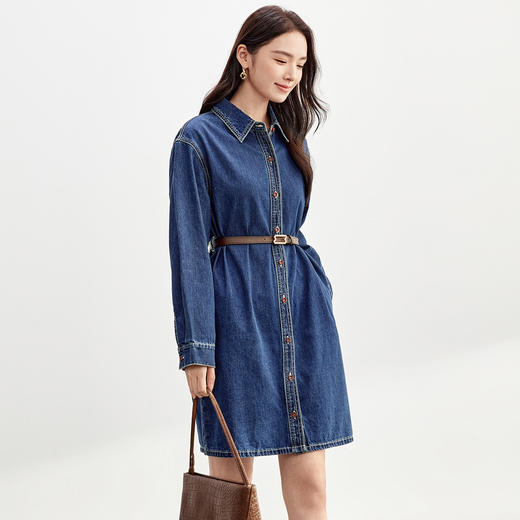 【内购】复古丹宁翻领撞色单排扣可拆卸腰带落肩牛仔棉连衣裙-W51L58626 商品图2