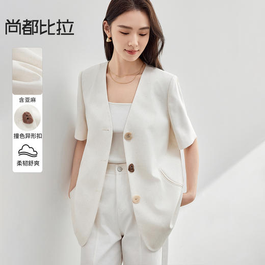 【内购】职场通勤上班无领撞色异形扣下摆开叉垫肩短袖西装外套-151X58255 商品图0