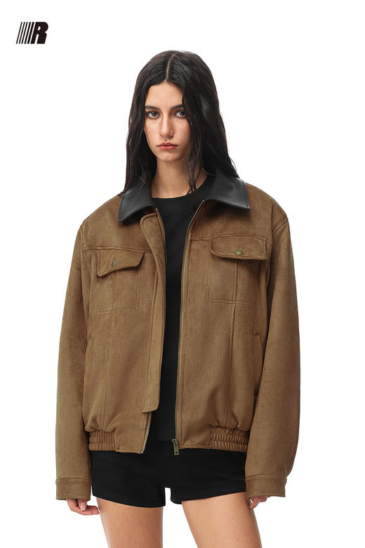 FDR官方店 撞色翻领麂皮夹克棒球服外套男女春季美式复古开衫上衣 商品图5