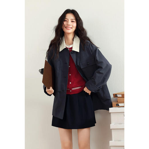 【严选】诗凡黎撞色翻领设计感风衣2025年春新款复古风别致质感中长款外套7G1160021 商品图3