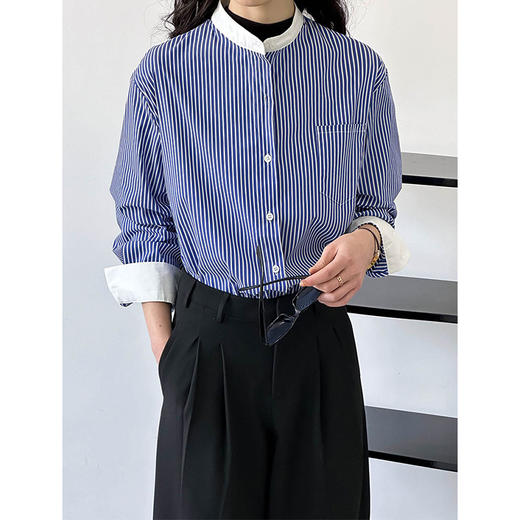 雀说蓝色条纹衬衫女款休闲时尚宽松设计感衬衫AL1213 商品图1