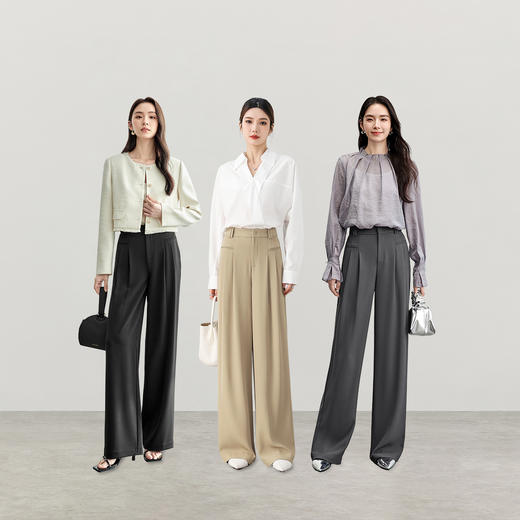 【内购】职场通勤梨型身材显瘦立体双褶松紧高腰清爽垂感阔腿长裤-151K57562 商品图2