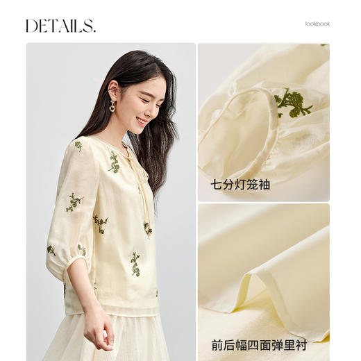 【内购】优雅度假聚会V领孔珠系带七分灯笼袖薄透雪纺衫-151V58203 商品图4