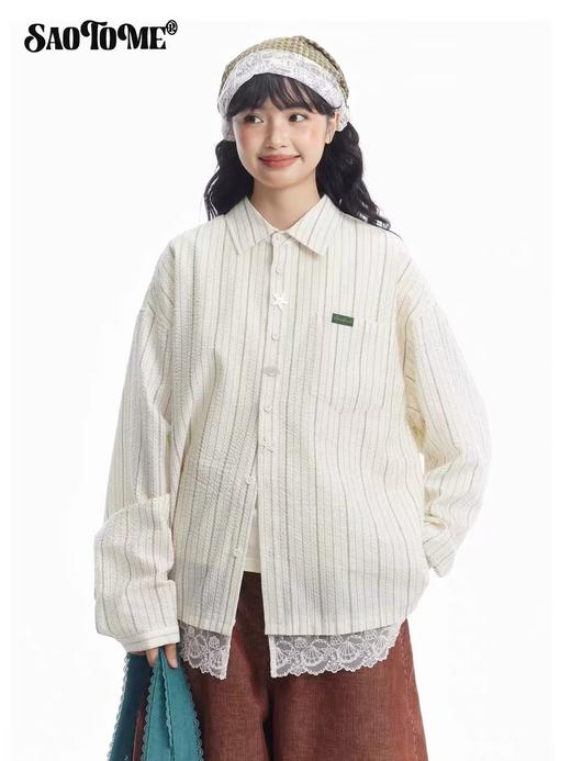 早乙女惠子saotome/STMCS251049/假两件贝壳蕾丝拼接条纹衬衫 商品图0