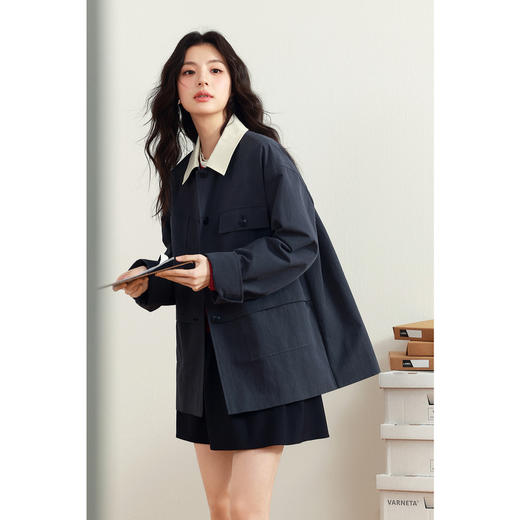 【严选】诗凡黎撞色翻领设计感风衣2025年春新款复古风别致质感中长款外套7G1160021 商品图4