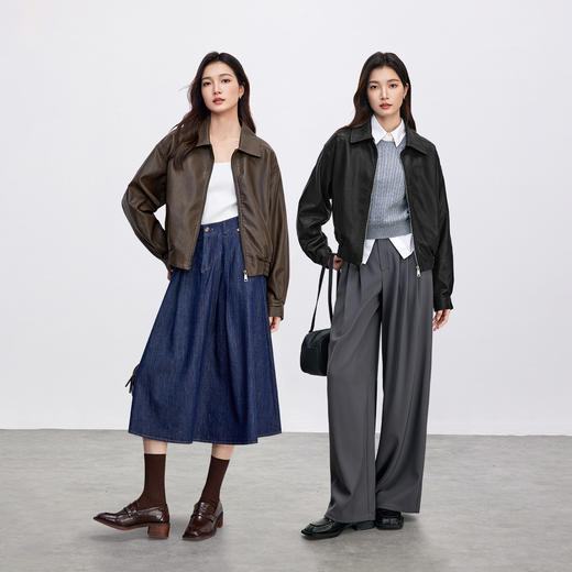 【内购】通勤气质翻领下摆松紧设计宽松显瘦微弹PU皮革外套-W51G73596 商品图2