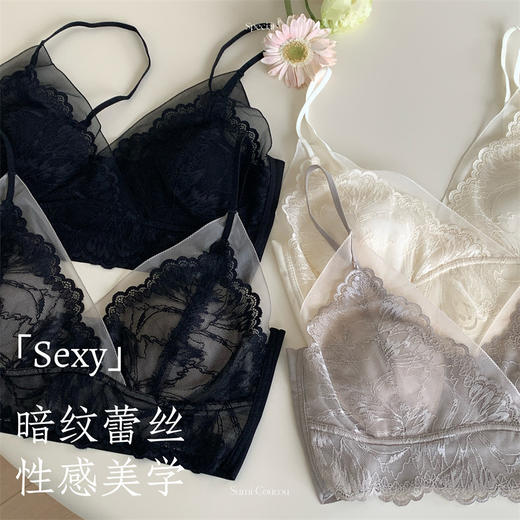 【性感美学】暗纹蕾丝文胸细带美背吊带无钢圈内衣 猫爪杯性感透纱蕾丝提花抹胸 商品图1