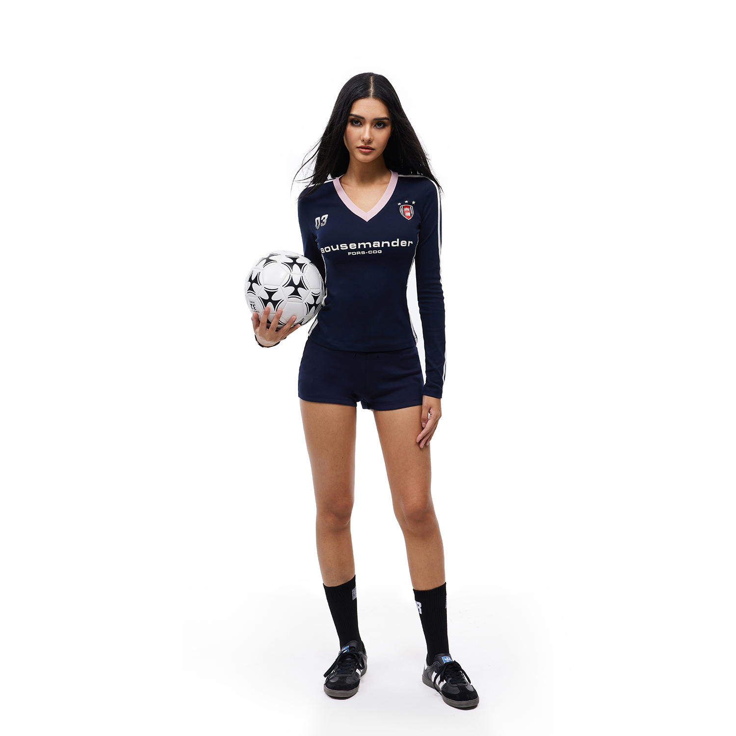 FDR官方店 V领辣妹织带复古撞色长袖t恤女运动薄款修身显瘦上衣