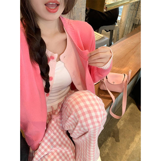 <曾小咸推荐>粉色假两件针织开衫格子裤套装 商品图2