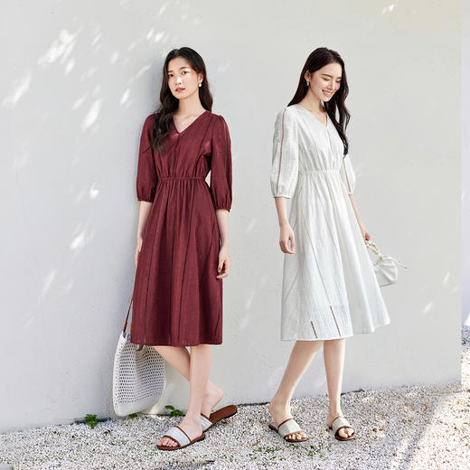 【内购】优雅度假V领松紧高腰七分灯笼袖100%亲肤棉A字连衣裙-151L58242 商品图3