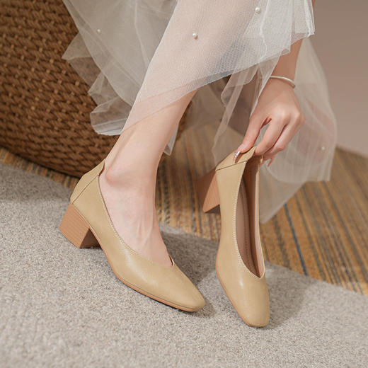 女士春夏季通勤奶奶鞋女复古软皮v口中跟仙女高跟鞋女粗跟玛丽珍鞋女鞋34-41 商品图8