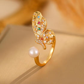 雀说真金电镀蝴蝶淡水珍珠开口戒指时尚民族风设计感手指戒小众手饰AL0309