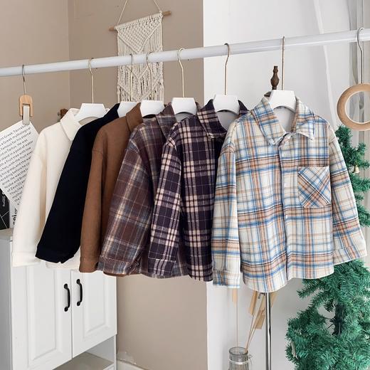 【春季必备，A类品质】春季新款儿童日系复古衬衫男女童灯芯绒纯色格子长袖衬衫宽松上衣100% 商品图3